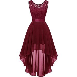 BeryLove Women Darkred Chiffon Scoop Neck Sleeveless Lace Cocktail Dress